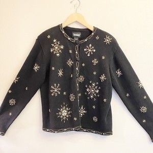 Designers‎ Originals Women’s Petite Large Black Sweater Gold Beaded Snowflakes